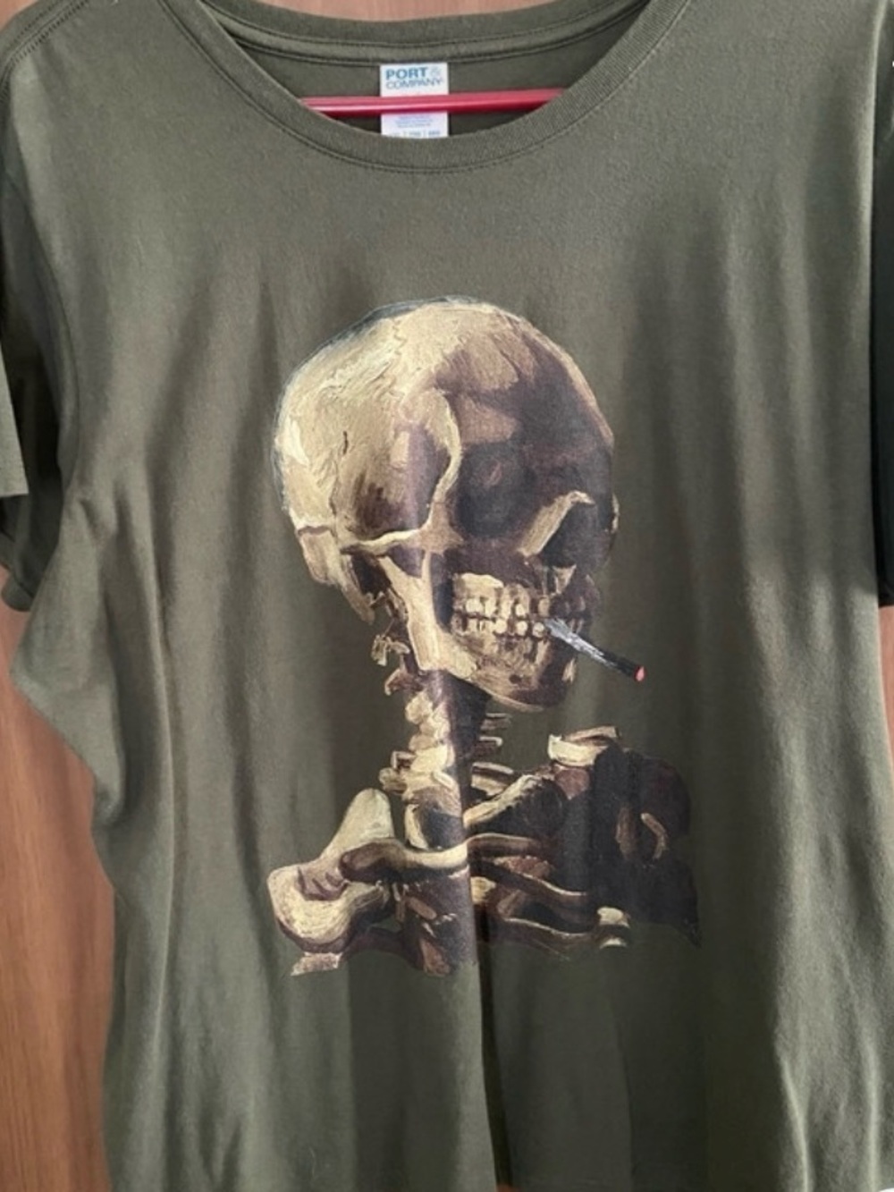 Vangogh image Port & Company Olive Green Short-Sleeve Skull Graphic Tee
